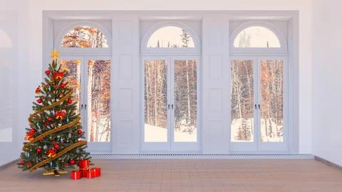 Christmas background interior room concept with christmas tree and snowy la.. Stock Illustration