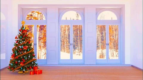 Christmas background interior room concept with christmas tree and snowy la.. Stock-Illustration