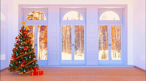 Christmas background interior room concept with christmas tree and snowy la.. Illustrazione stock