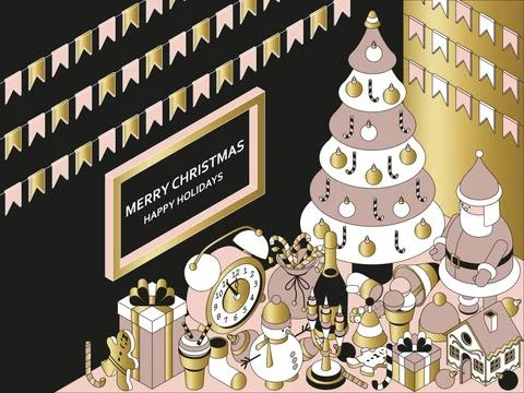 Christmas background with isometric cute toys. Funny Santa and gingerbread house Stock Illustration