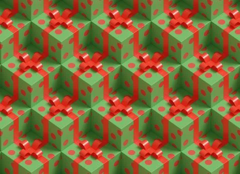 Christmas background. Isometric seamless pattern of green an red gift boxes.  イラスト素材