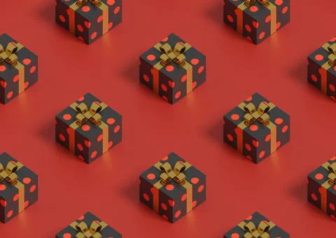 Christmas background. Isometric seamless pattern of gift boxes on red backgro Illustrazione stock