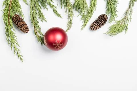 Christmas background made with pine branches, pine cones and Christmas decora Stock Photos