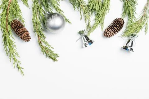 Christmas background made with pine branches, pine cones and Christmas decora Stock Photos