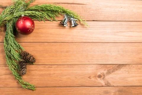Christmas background made with pine branches, pine cones and Christmas decora Stock Photos