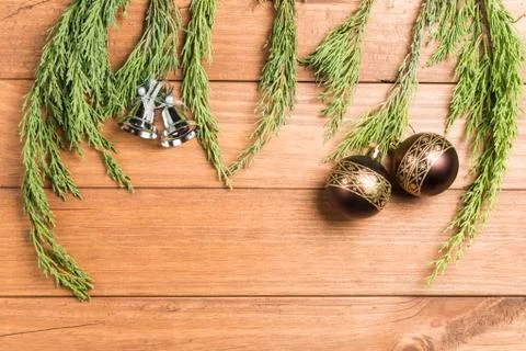 Christmas background made with pine branches, pine cones and Christmas decora Stock Photos