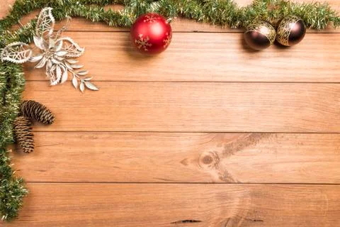 Christmas background made with pine branches, pine cones and Christmas decora Stock Photos