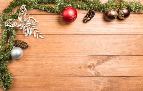 Christmas background made with pine branches, pine cones and Christmas decora Stock Photos