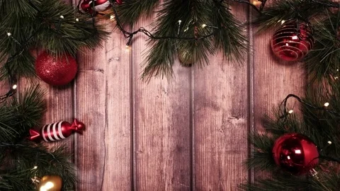 Christmas background made of wood, fir branches, red balls, toys Stock Footage 166264053
