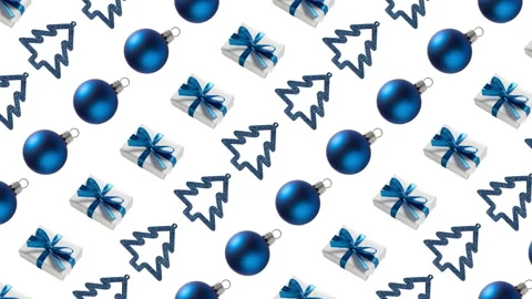 Christmas background of moving decorations, balls, gift boxes and trees. Stop Stock Footage 144698231
