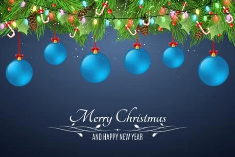 Christmas background. Multicolored blinking garland. Blue balls. Snowy berrie Illustrazione stock