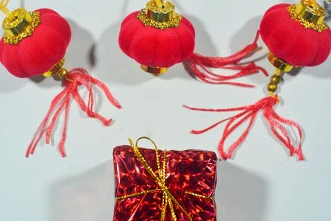 Christmas background with objects, stars, gift boxes with a red and white the Stock Photos