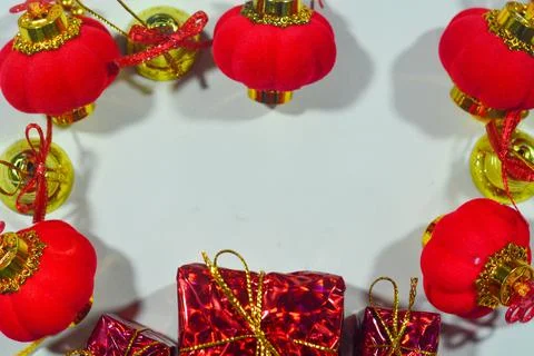 Christmas background with objects, stars, gift boxes with a red and white the Stock Photos