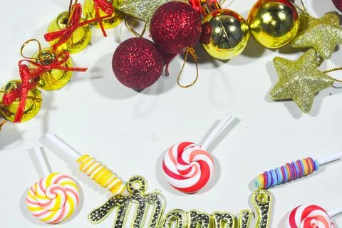 Christmas background with objects, stars, gift boxes with a red and white the Stock Photos