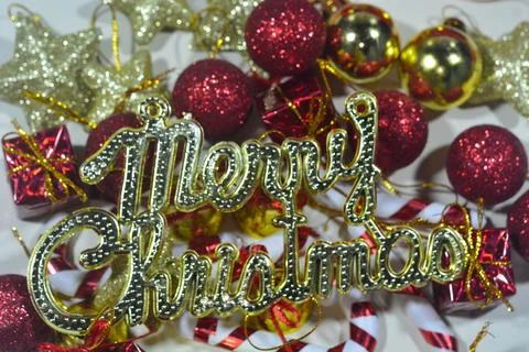 Christmas background with objects, stars, gift boxes with a red and white the Stock Photos