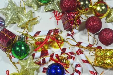 Christmas background with objects, stars, gift boxes with a red and white the Stock Photos