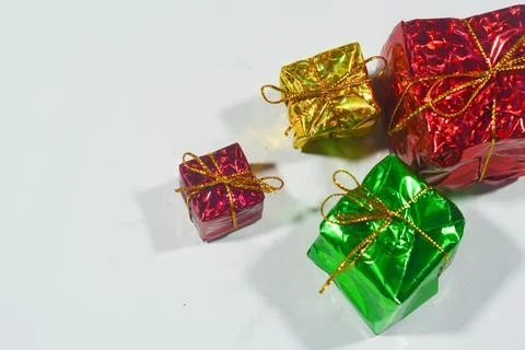 Christmas background with objects, stars, gift boxes with a red and white the Stock Photos