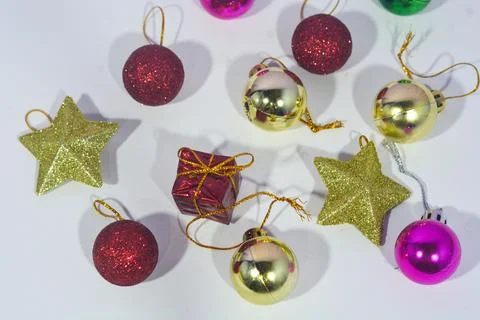 Christmas background with objects, stars, gift boxes with a red and white the Stock Photos