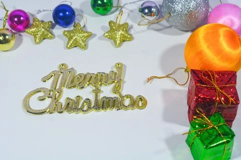 Christmas background with objects, stars, gift boxes with a red and white the Stock Photos