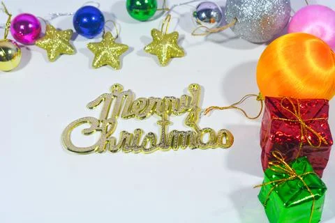 Christmas background with objects, stars, gift boxes with a red and white the Stock Photos