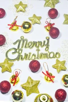 Christmas background with objects, stars, gift boxes with a red and white the Stock Photos
