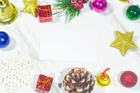 Christmas background with objects, stars, gift boxes with a red and white the Stock Photos
