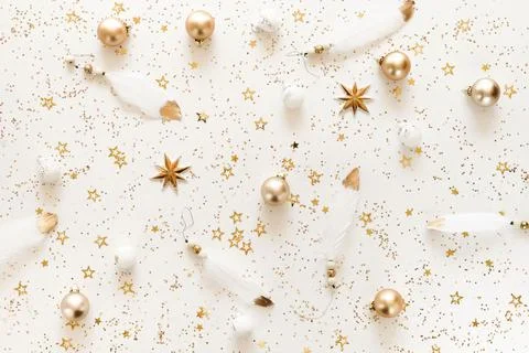 Christmas background pattern gold and white Xmas decorations on white backdrop.T Stock Photos