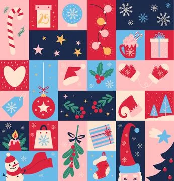 Christmas Background Pattern. Merry Sticker. Holiday Element Set. Advent Ca.. Stock Illustration