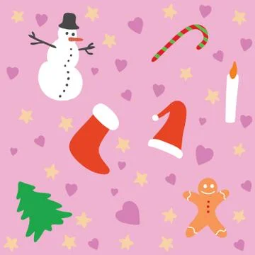 A christmas background pattern with pink background and red sock object Stock Illustration