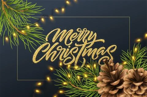 Christmas background with pine branches and cone, luminous garland and golden Illustrazione stock