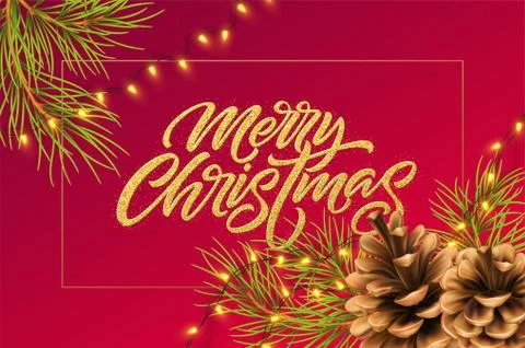 Christmas background with pine branches and cone, luminous garland and golden Illustrazione stock