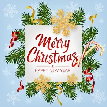 Christmas background with pine branches, candy, serpentine, snowflake, lettering Stock Illustration