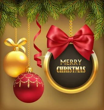 Christmas Background with Pine Branches Frame and Balls on Brown Stock Illustration