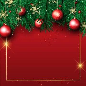 Christmas background with pine tree branches and hanging baubles Stock Illustration