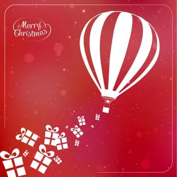 Christmas background with present boxes, ribbons and hot air balloon spilling Stock Illustration