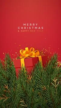 Christmas background with realistic 3d design red gift box and green pine bra Stock Illustration