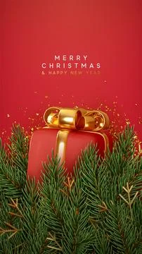 Christmas background with realistic 3d design red gift box and green pine bra Stock Illustration