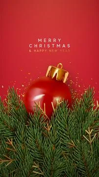 Christmas background with realistic 3d design red ornament and green pine b.. Stock Illustration
