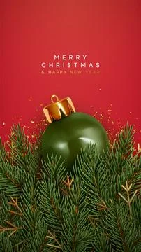 Christmas background with realistic 3d design green ornament and green pine.. Stock Illustration