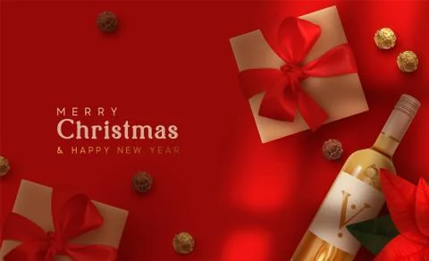 Christmas background. Realistic design with 3d Xmas decoration object, gift b Illustrazione stock