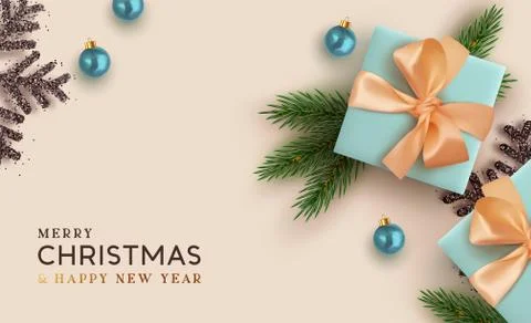 Christmas background. Realistic design with 3d Xmas decoration objects, gift  Illustrazione stock