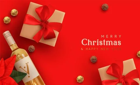 Christmas background. Realistic design with 3d Xmas decoration object, gift b Illustrazione stock
