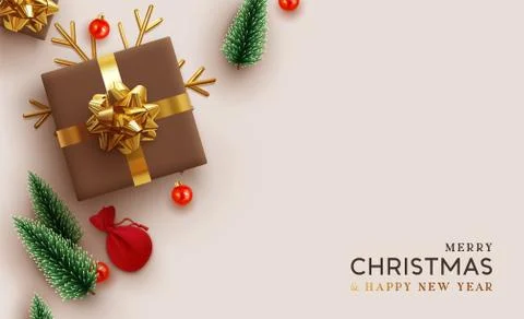 Christmas background. Realistic design with 3d Xmas decoration objects, gift  Stock Illustration