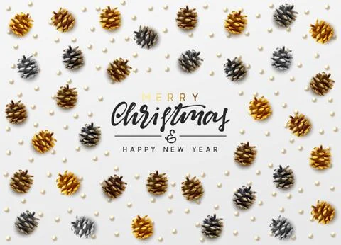 Christmas background with realistic gold silver pine and fir cones. Handwritt Illustrazione stock