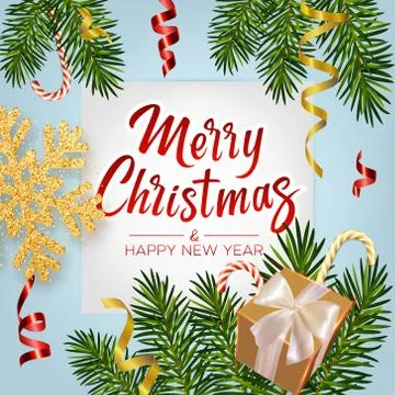 Christmas background with realistic pine branches, gifts box, candy, serpentine Stock Illustration