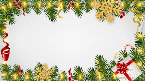Christmas background with realistic pine branches, shining garlands, gifts box Stock Illustration