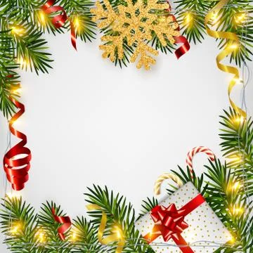 Christmas background with realistic pine branches, shining garlands, gifts box Stock Illustration