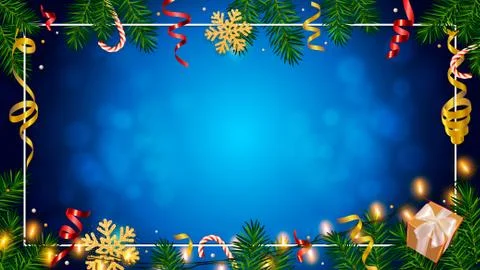 Christmas background with realistic pine branches, shining garlands, gifts box Stock Illustration