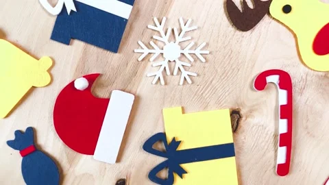Christmas background with Santa hat, gift boxes and snowflakes. Stock Footage 218384100