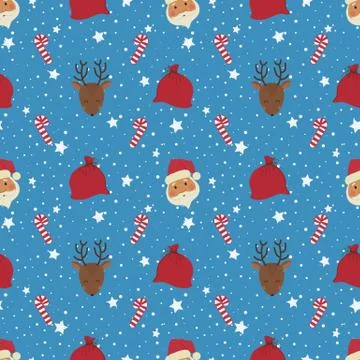 Christmas background. Seamless pattern with Santa Claus heads, deers, bags Stock Illustration